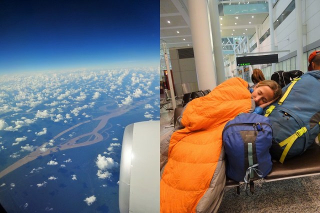 Flying over Iquitos and the Amazon, 111 days after we left it by boat (left) & Welcome to Canada! (right)