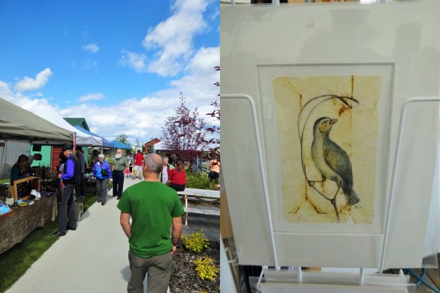 Whitehorse Charm #1: Strolling the weekend markets along the waterfront (left) & A creative canvas. Teabag art! (right)