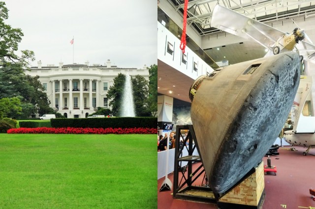 A little closer to Obama's pad (left) & Up close with part of the most famous spacecraft in history (except for perhaps the Millenium Falcon), the Apollo 11 command module (right)