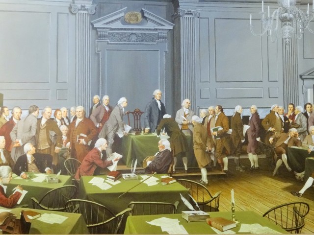 An artists impression of the founding fathers in the hall, in its day