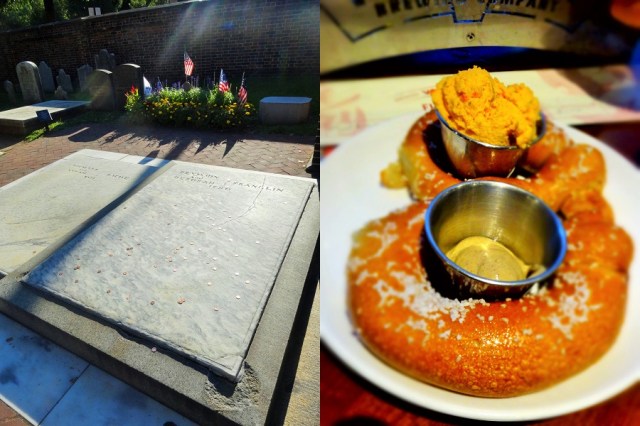 Here lies Benjamin Franklin, founding father, husband and diplomat… (left) & A pre-dinner appetiser in the form of the largest pretzel I’ve ever seen or eaten! (right)