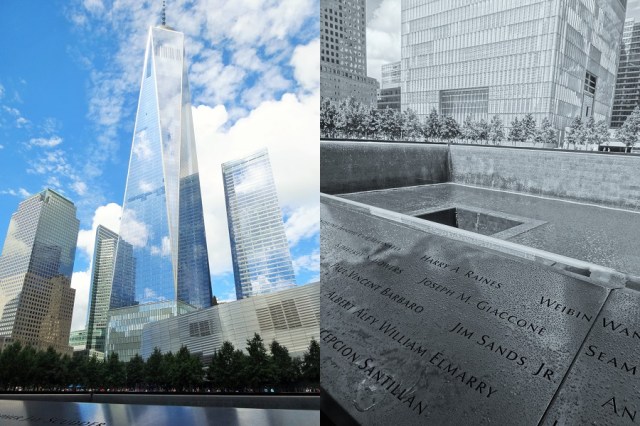 One World Trade Center disappears into the sky (left) & The 9/11 Memorial at 'Ground Zero' (right)
