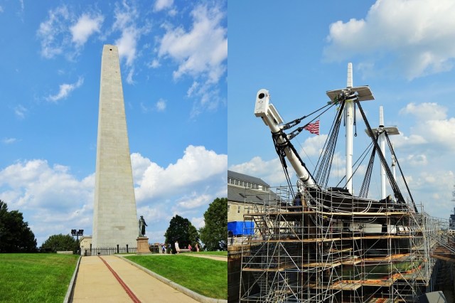 Not the Washington Monument at Breeds Hill (left) & Foiled in our efforts to visit the USS Constitution (right)
