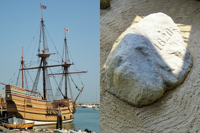 The replica Mayflower (left) & What remains of Plymouth Rock (right)