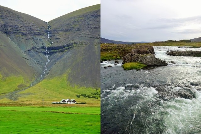 On the road amidst Icelands stunning landscapes (left) & The glacial river Laxa in Kjos (right)