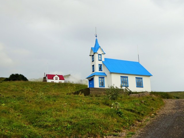 The old church Kirkjubær (in blue and white) which is now a quaint B&B!