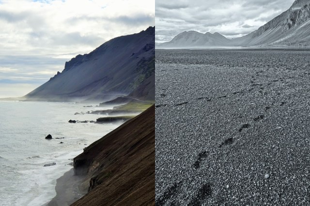 Sea spray creating an afternoon mist (left) & Stretching the legs on the long pebble beach of Hvalnes Nature Reserve (right)