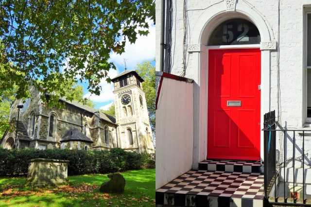 Taking in St Pancras church on a lovely day (left) & A red door... no sign of Elizabeth Arden, nor did we wish to paint it black... (right)
