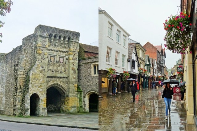 Winchester, a city of history (left) & A slightly damp day, our welcome (right)
