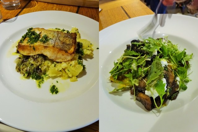 Pan fried hake from the South coast (left) & Polenta, forest mushrooms and goats cheese. All fresh and all delicious (right)