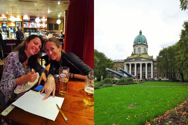 Using my fine cartography skills to explain our Canadian adventures to Georgia (left) & Getting a look at the IWM (right)