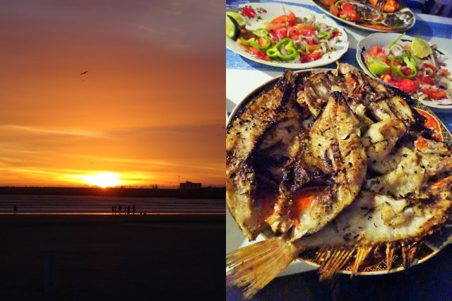 The sun sets in the west (left) & Enjoying the bounty of the sea (right)