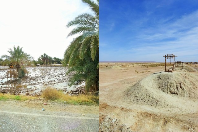 Water in abundance after the parches desert (left) & Row after row of long dry wells, now under threat from the desert sands (right)