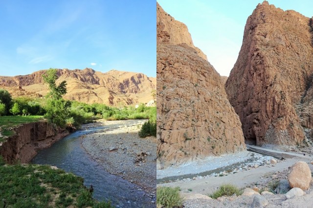 A river walk (left) before being deposited at the entrance to Todra Gorge (right)
